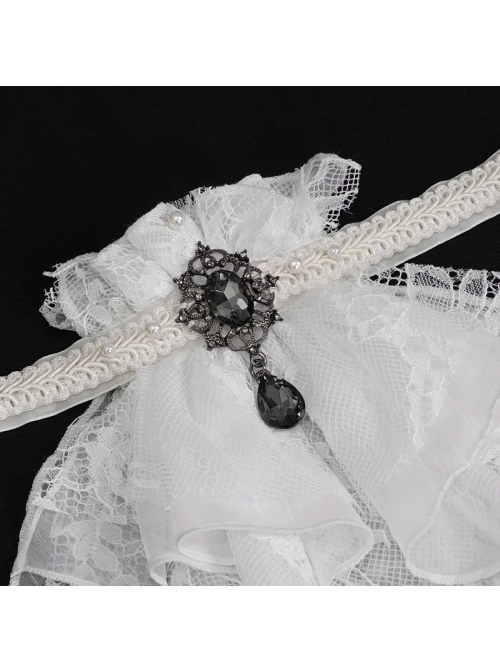Front Gem Pendant Lace Surface White Gothic Chiffon Collar
