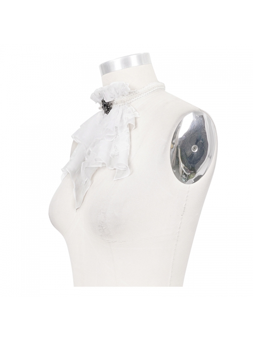 Front Gem Pendant Lace Surface White Gothic Chiffon Collar
