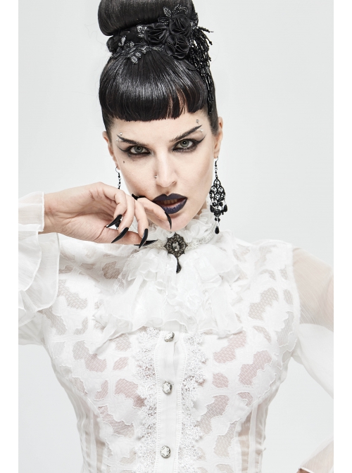 Front Gem Pendant Lace Surface White Gothic Chiffon Collar