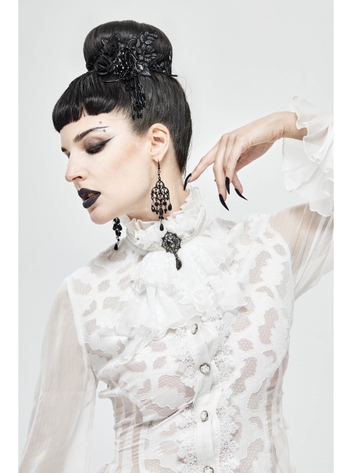 Front Gem Pendant Lace Surface White Gothic Chiffon Collar