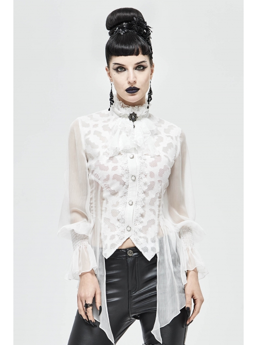 Front Gem Pendant Lace Surface White Gothic Chiffon Collar