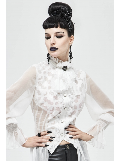Front Gem Pendant Lace Surface White Gothic Chiffon Collar