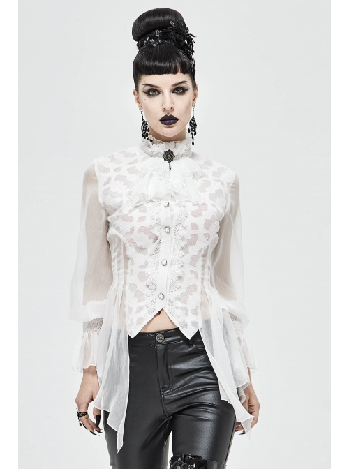 Front Gem Pendant Lace Surface White Gothic Chiffon Collar