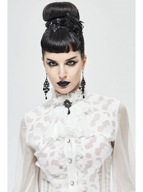 Front Gem Pendant Lace Surface White Gothic Chiffon Collar