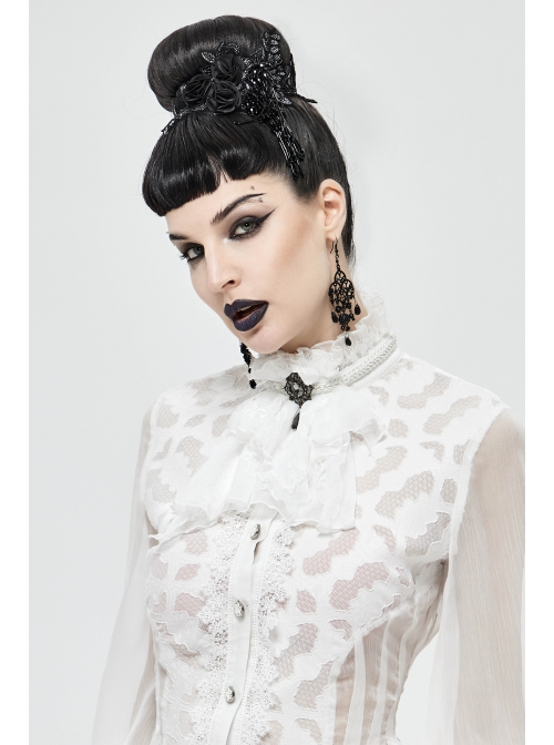 Front Gem Pendant Lace Surface White Gothic Chiffon Collar