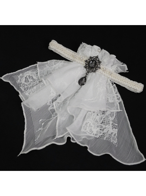 Front Gem Pendant Lace Surface White Gothic Chiffon Collar