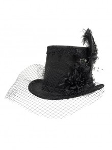 Three-Dimensional Flowers Feather Lace Webbing Decoration Black Gothic Mid-High Hat