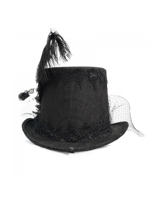 Three-Dimensional Flowers Feather Lace Webbing Decoration Black Gothic Mid-High Hat