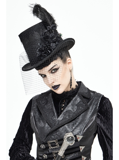 Three-Dimensional Flowers Feather Lace Webbing Decoration Black Gothic Mid-High Hat