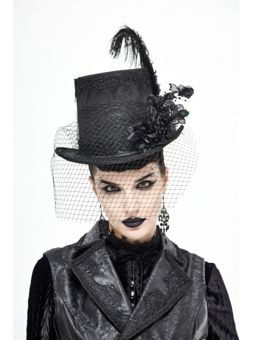 Three-Dimensional Flowers Feather Lace Webbing Decoration Black Gothic Mid-High Hat