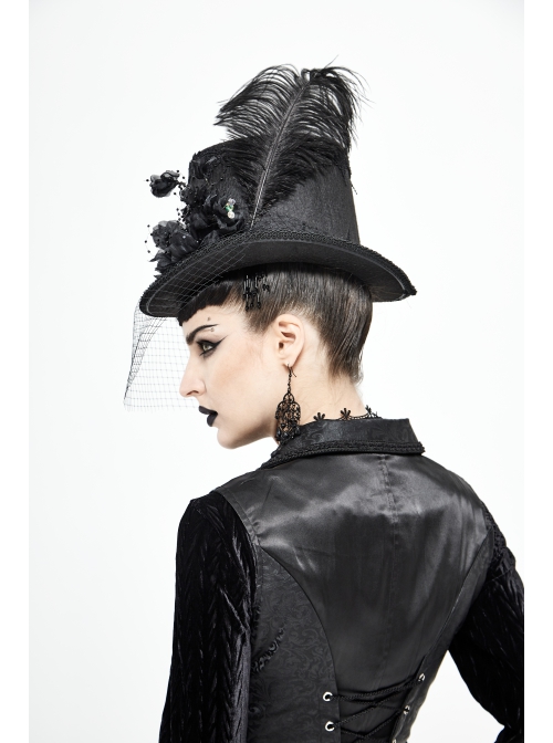 Three-Dimensional Flowers Feather Lace Webbing Decoration Black Gothic Mid-High Hat