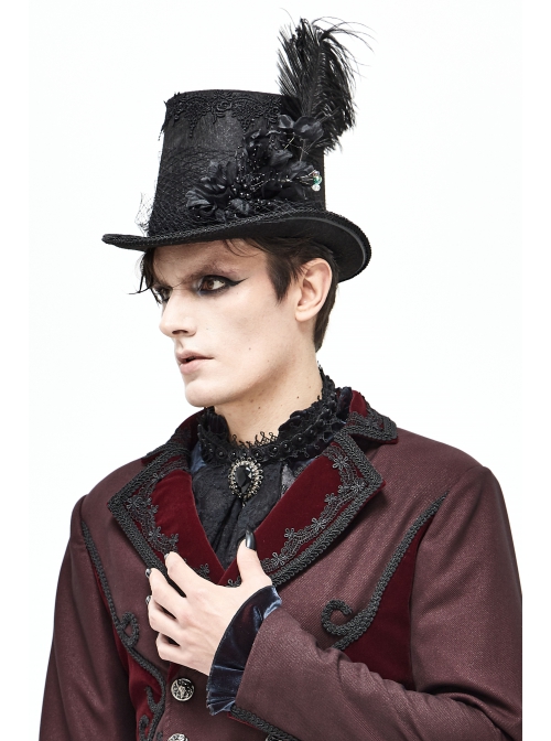 Three-Dimensional Flowers Feather Lace Webbing Decoration Black Gothic Mid-High Hat
