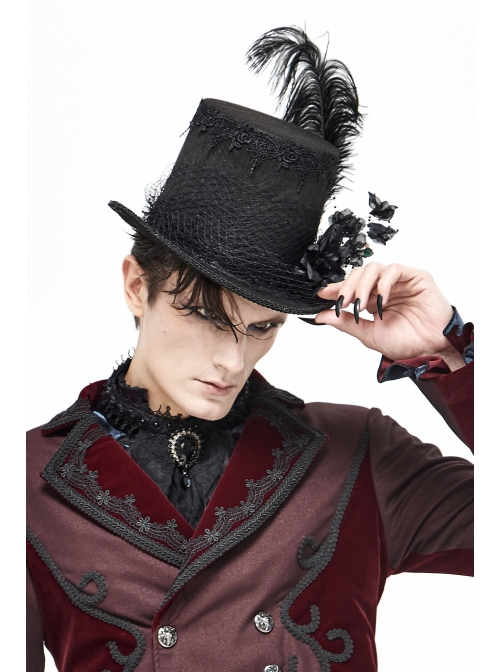 Three-Dimensional Flowers Feather Lace Webbing Decoration Black Gothic Mid-High Hat