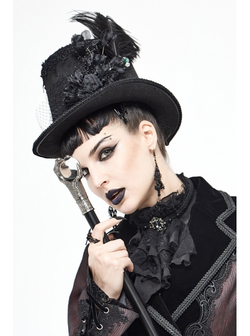 Three-Dimensional Flowers Feather Lace Webbing Decoration Black Gothic Mid-High Hat