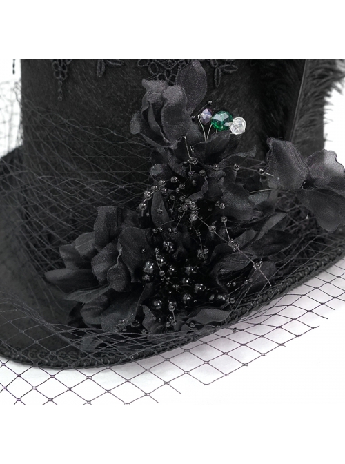 Three-Dimensional Flowers Feather Lace Webbing Decoration Black Gothic Mid-High Hat