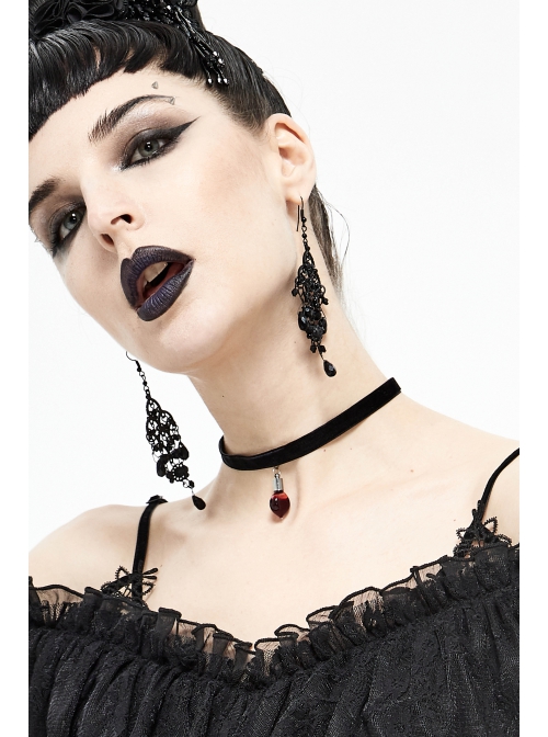 Glass Heart Pendant Flocking Webbing Black Gothic Necklace