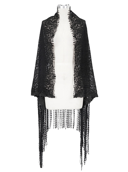 Black Gothic Tassels Hem Lace Shawl