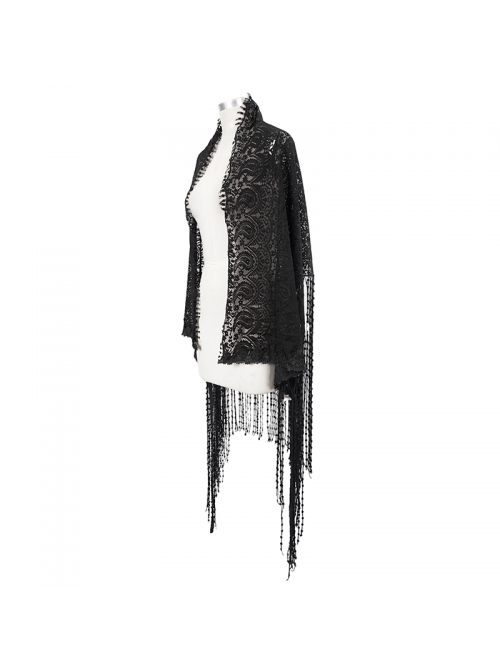 Black Gothic Tassels Hem Lace Shawl
