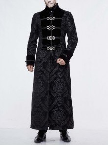 Stand-Up Collar Front Chest Metal Buckle Ribbon Black Gothic Jacquard Velvet Long Coat