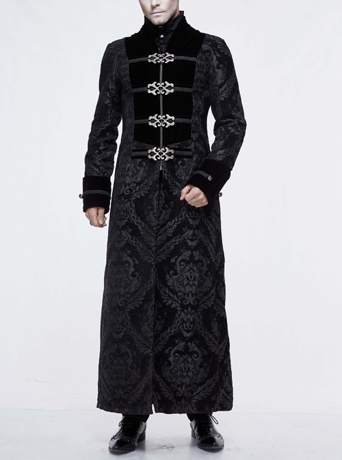 Stand-Up Collar Front Chest Metal Buckle Ribbon Black Gothic Jacquard Velvet Long Coat