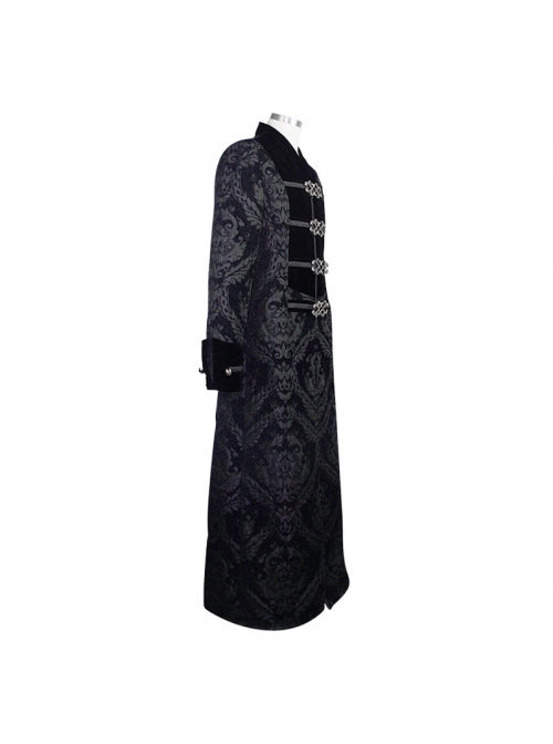 Stand-Up Collar Front Chest Metal Buckle Ribbon Black Gothic Jacquard Velvet Long Coat