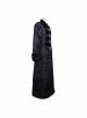 Stand-Up Collar Front Chest Metal Buckle Ribbon Black Gothic Jacquard Velvet Long Coat