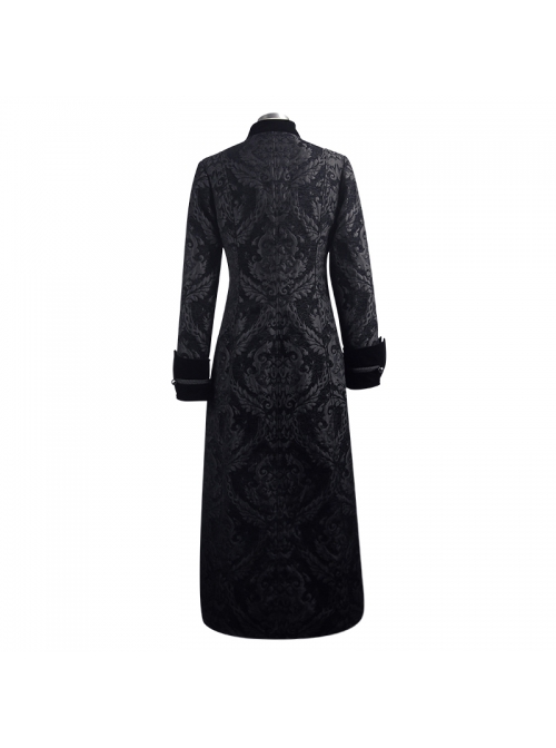 Stand-Up Collar Front Chest Metal Buckle Ribbon Black Gothic Jacquard Velvet Long Coat