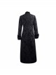 Stand-Up Collar Front Chest Metal Buckle Ribbon Black Gothic Jacquard Velvet Long Coat