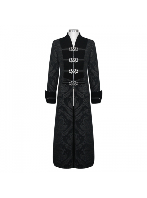 Stand-Up Collar Front Chest Metal Buckle Ribbon Black Gothic Jacquard Velvet Long Coat