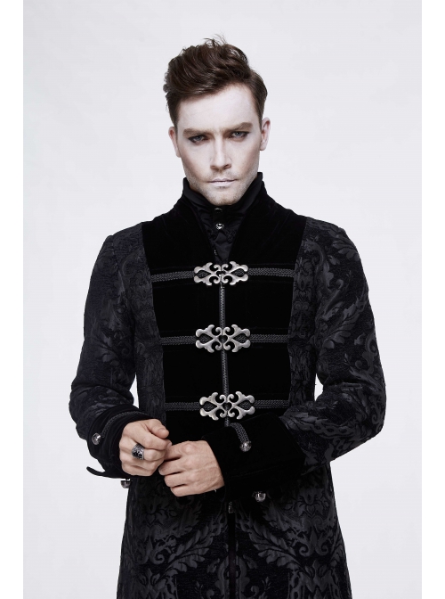 Stand-Up Collar Front Chest Metal Buckle Ribbon Black Gothic Jacquard Velvet Long Coat