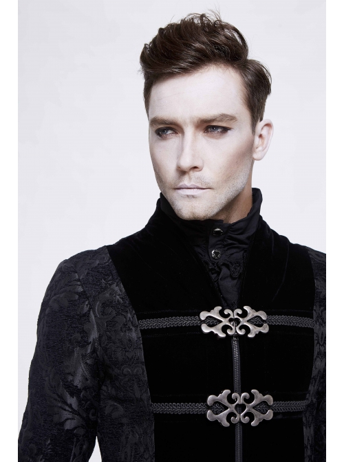 Stand-Up Collar Front Chest Metal Buckle Ribbon Black Gothic Jacquard Velvet Long Coat