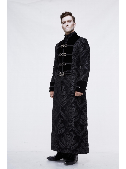Stand-Up Collar Front Chest Metal Buckle Ribbon Black Gothic Jacquard Velvet Long Coat