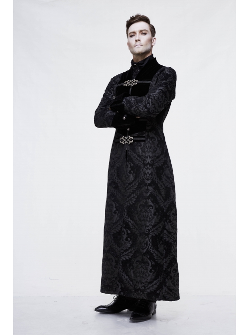 Stand-Up Collar Front Chest Metal Buckle Ribbon Black Gothic Jacquard Velvet Long Coat