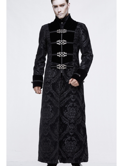 Stand-Up Collar Front Chest Metal Buckle Ribbon Black Gothic Jacquard Velvet Long Coat