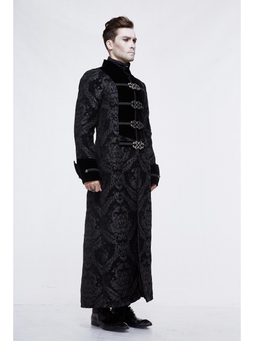 Stand-Up Collar Front Chest Metal Buckle Ribbon Black Gothic Jacquard Velvet Long Coat