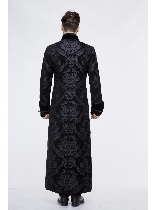 Stand-Up Collar Front Chest Metal Buckle Ribbon Black Gothic Jacquard Velvet Long Coat