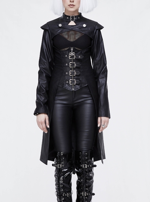Front Chest Cross Loop Waist Metal Buckle Black Punk Rough-Textured Leather Coat