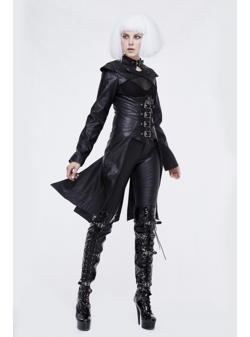 Front Chest Cross Loop Waist Metal Buckle Black Punk Rough-Textured Leather Coat