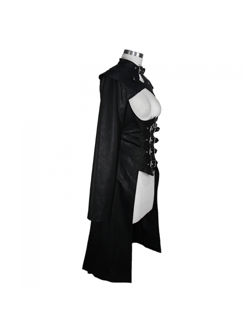 Front Chest Cross Loop Waist Metal Buckle Black Punk Rough-Textured Leather Coat
