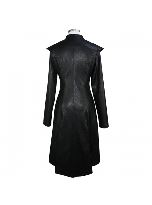 Front Chest Cross Loop Waist Metal Buckle Black Punk Rough-Textured Leather Coat