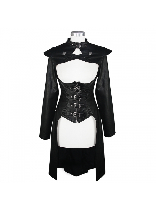 Front Chest Cross Loop Waist Metal Buckle Black Punk Rough-Textured Leather Coat