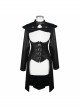 Front Chest Cross Loop Waist Metal Buckle Black Punk Rough-Textured Leather Coat