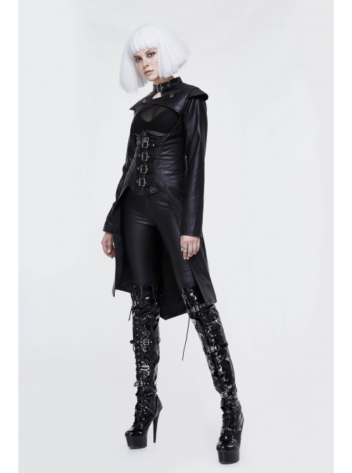 Front Chest Cross Loop Waist Metal Buckle Black Punk Rough-Textured Leather Coat