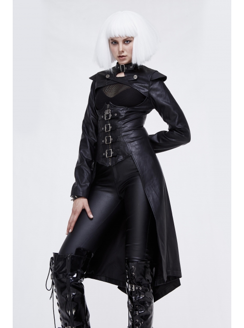 Front Chest Cross Loop Waist Metal Buckle Black Punk Rough-Textured Leather Coat