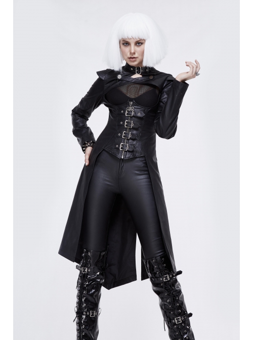Front Chest Cross Loop Waist Metal Buckle Black Punk Rough-Textured Leather Coat