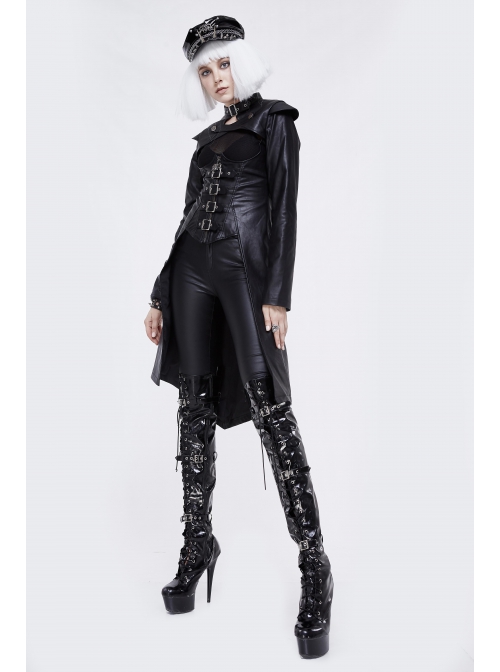 Front Chest Cross Loop Waist Metal Buckle Black Punk Rough-Textured Leather Coat
