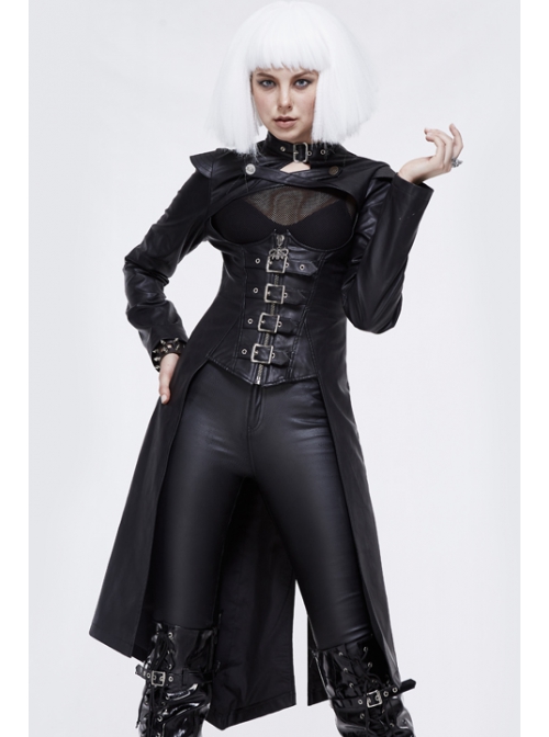 Front Chest Cross Loop Waist Metal Buckle Black Punk Rough-Textured Leather Coat