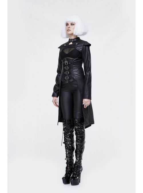 Front Chest Cross Loop Waist Metal Buckle Black Punk Rough-Textured Leather Coat