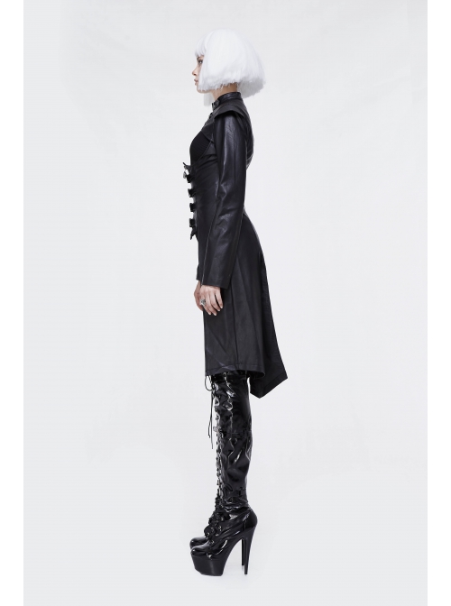 Front Chest Cross Loop Waist Metal Buckle Black Punk Rough-Textured Leather Coat