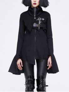 Fake Two-Piece Front Chest Metal Buckle Leather Strap Flare Sleeve Black Punk Fleece Knit Coat